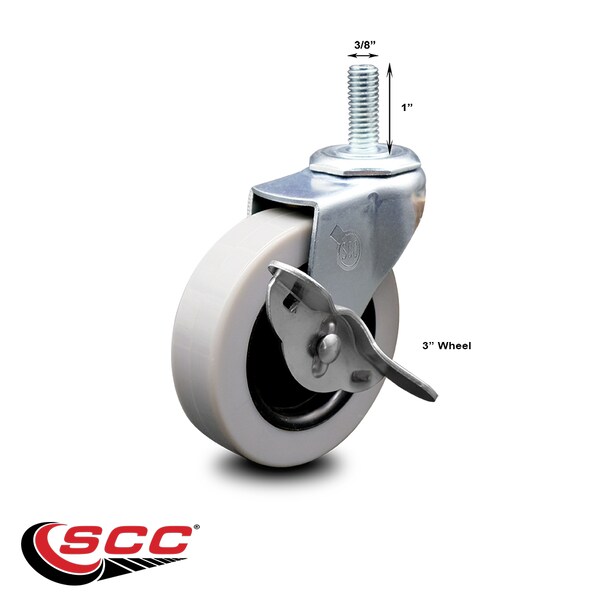 3 Inch Polyurethane Wheel 3/8 Inch Threaded Stem Caster with Brake SCC
